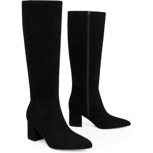Women's Black Suede Chunky Heel Knee High Pointed Toe Side Zipper Long Boots - Picture 4 of 7